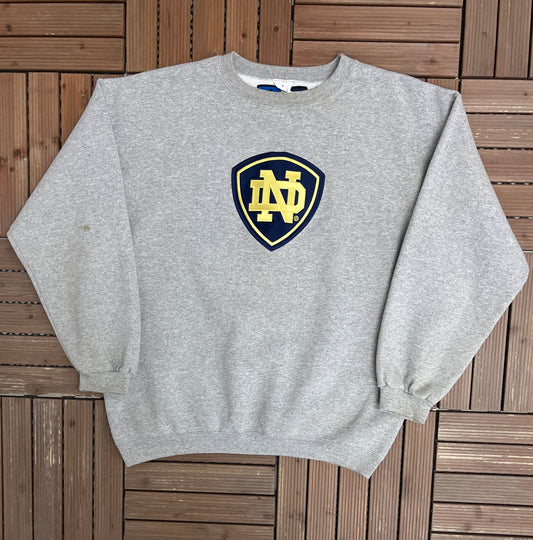 Notre Dame Fighting Irish Graphic Crewneck | Size Large | Vintage 1990s College Sports Grey Sweater |