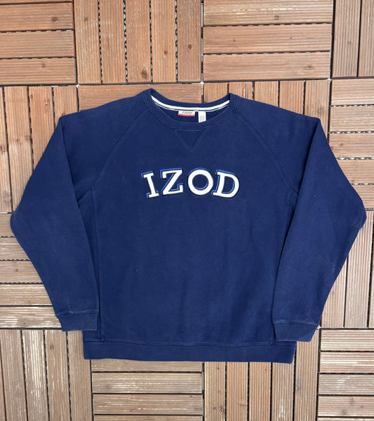 Izod Spell Out Stitched Graphic Crewneck | Size X-Large | Vintage 2000s Branded Promotional Blue Sweater |