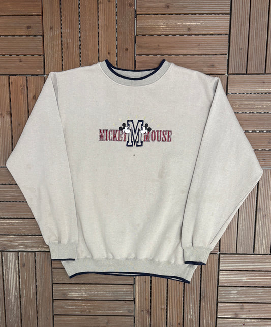 Mickey Mouse Embroidered Graphic Crewneck | Size X-Large | Vintage 2000s Disney Promotional Beige Sweater |