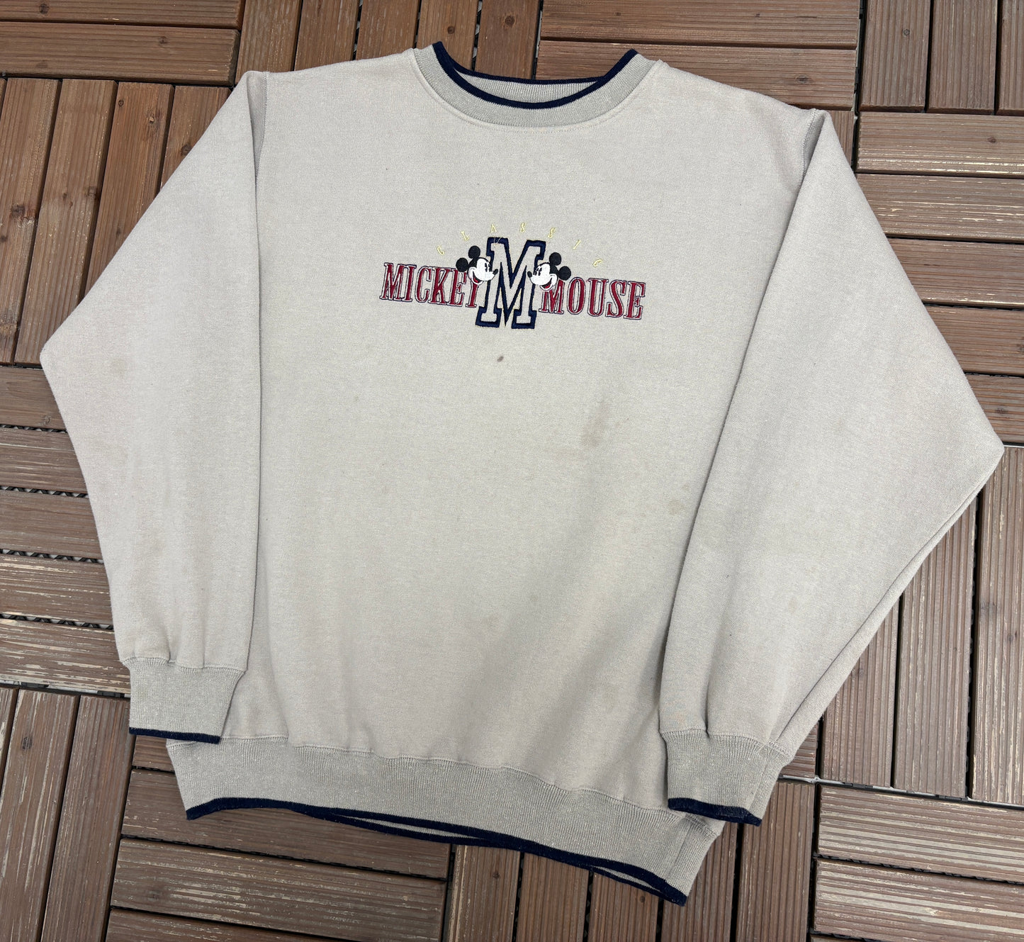 Mickey Mouse Embroidered Graphic Crewneck | Size X-Large | Vintage 2000s Disney Promotional Beige Sweater |