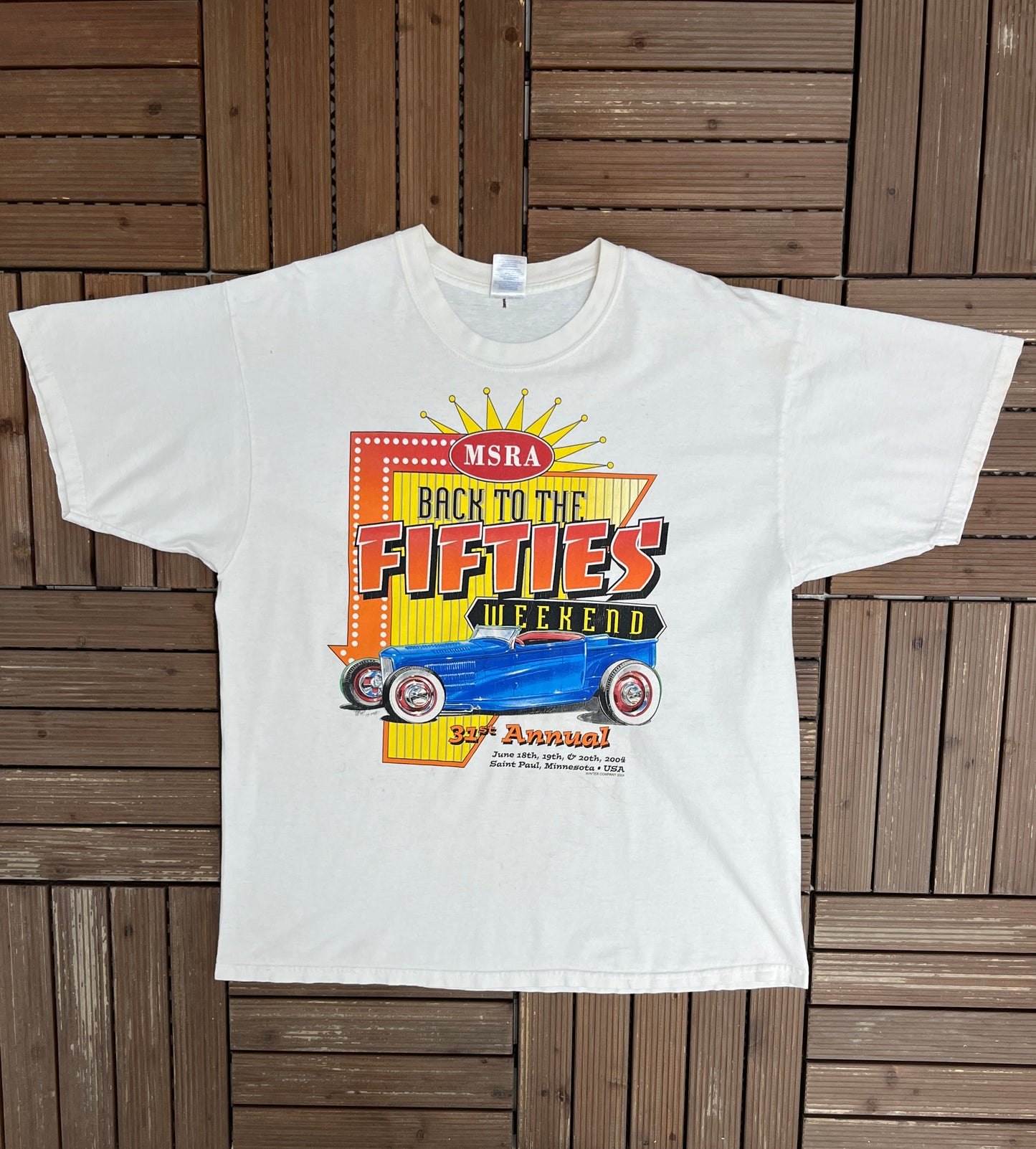 Back To The 50's Weekend Minnesota Graphic Tee | Size X-Large | Vintage 2000s Car Show White T-Shirt |