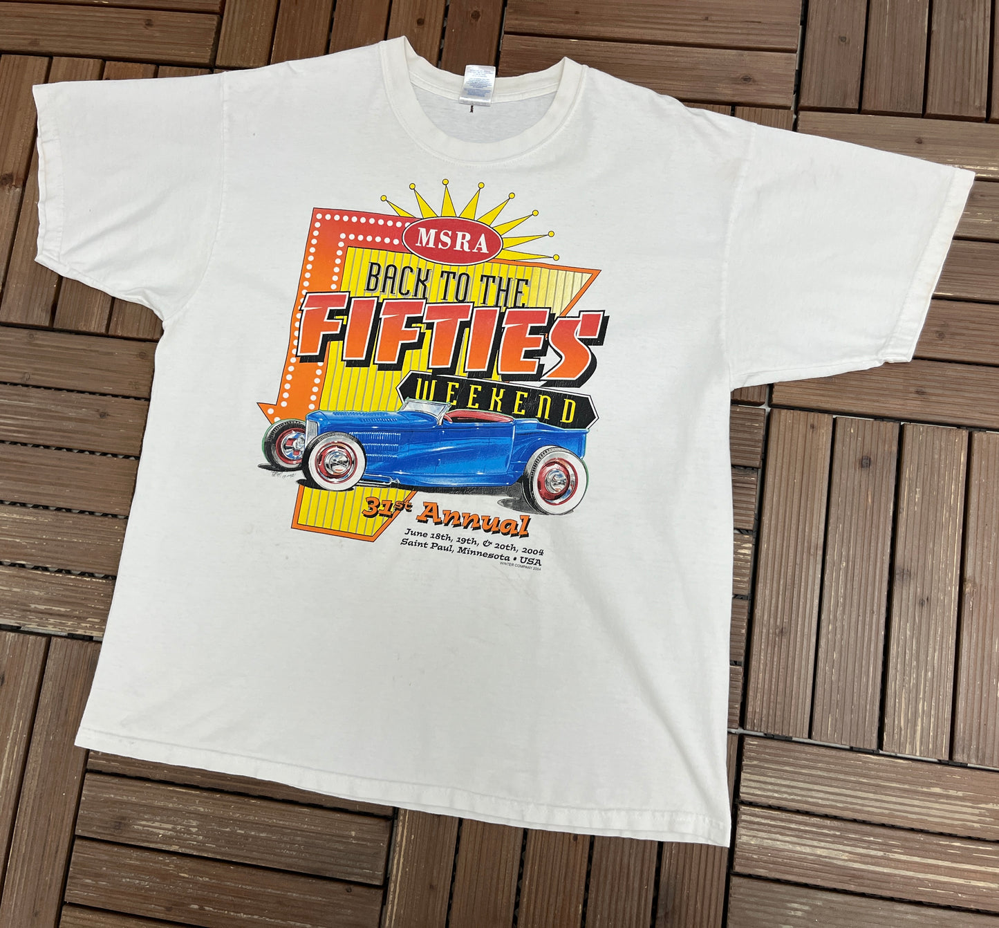 Back To The 50's Weekend Minnesota Graphic Tee | Size X-Large | Vintage 2000s Car Show White T-Shirt |