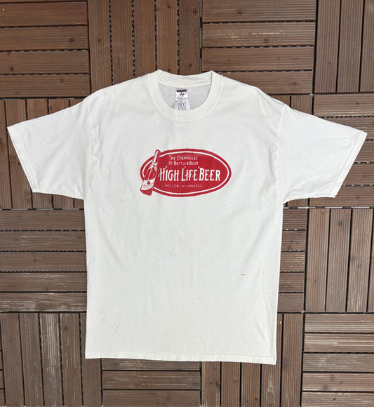 Miller High Life Beer Graphic Tee | Size X-Large | Vintage 2000s White Alcohol Promotional T-Shirt |