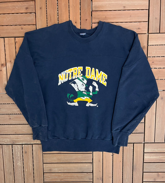 Notre Dame Fighting Irish Graphic Crewneck | Size X-Large | Vintage 1990s College Sports Blue Sweater |