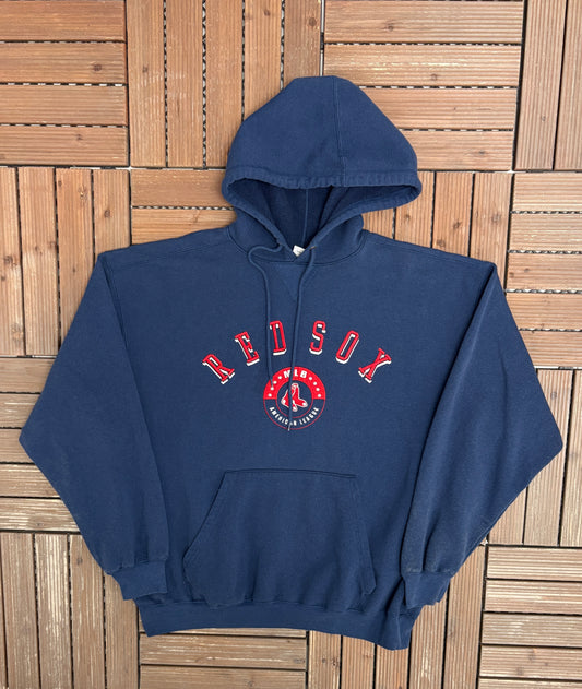 Boston Red Sox Embroidered Graphic Hoodie | Size Large | Vintage 2000s MLB Baseball Blue Sweater |