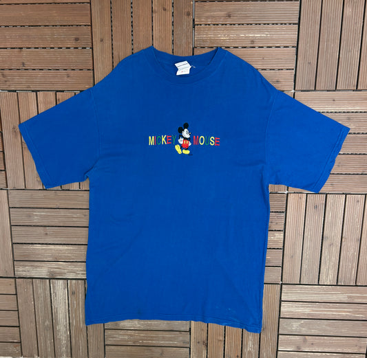Mickey Mouse Embroidered Graphic Tee | One Size | Vintage 1990s Disney Cartoon Blue T-Shirt |