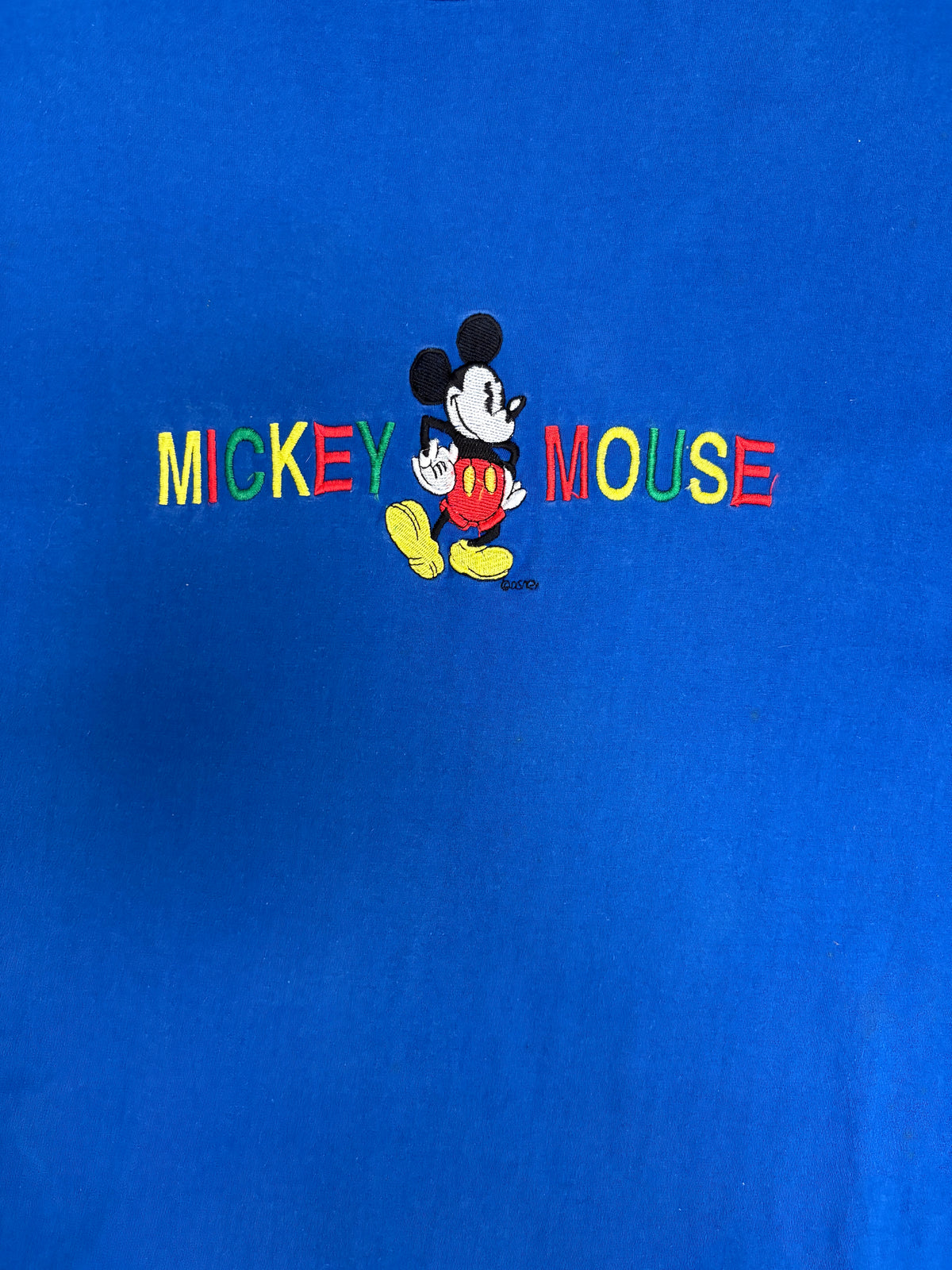 Mickey Mouse Embroidered Graphic Tee | One Size | Vintage 1990s Disney Cartoon Blue T-Shirt |