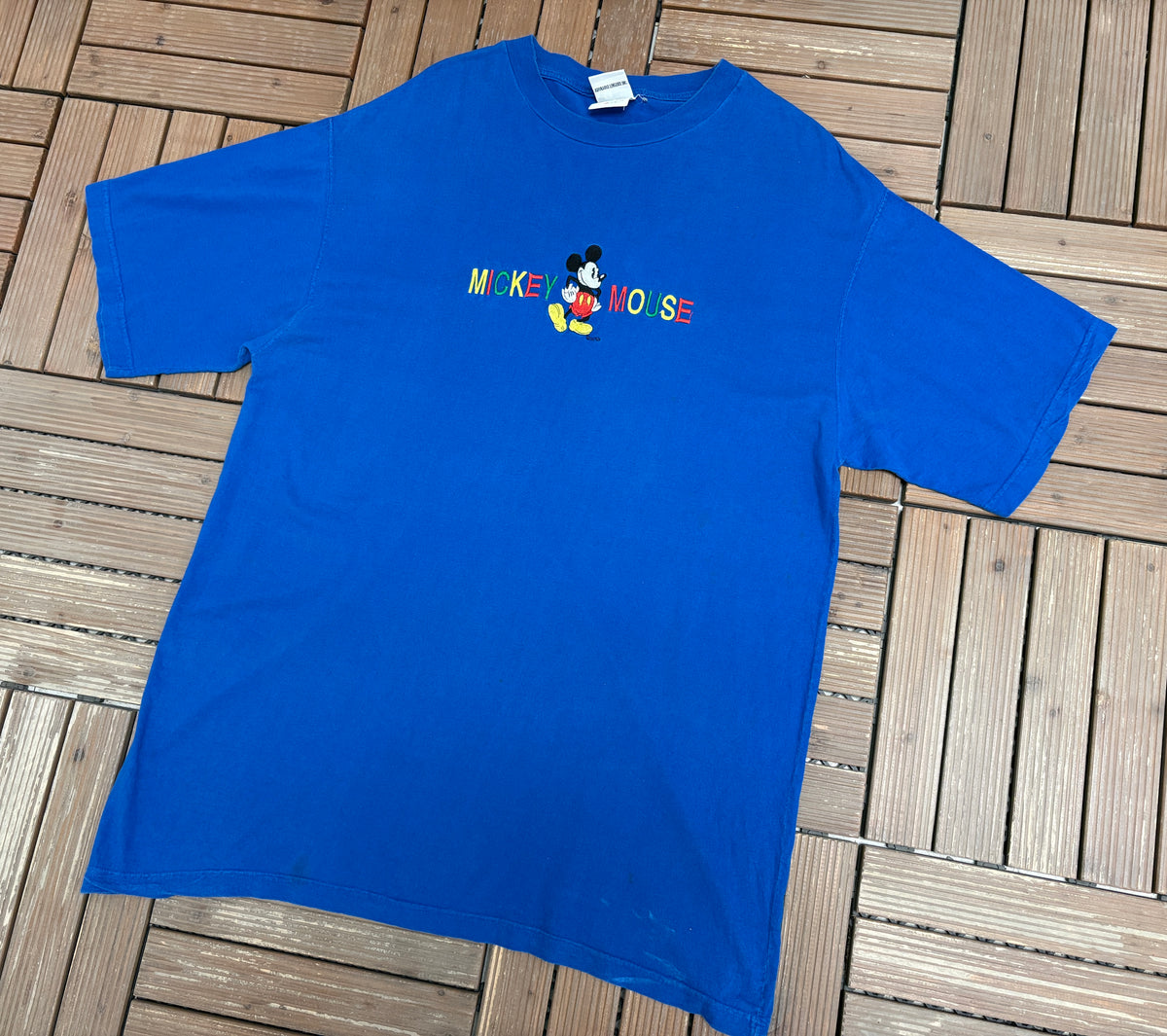 Mickey Mouse Embroidered Graphic Tee | One Size | Vintage 1990s Disney Cartoon Blue T-Shirt |