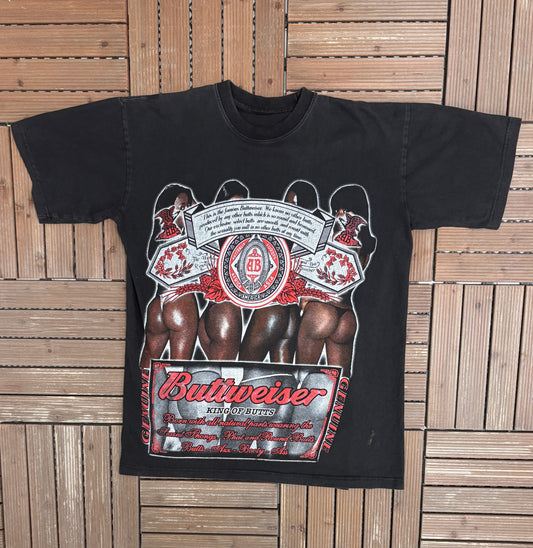 Buttweiser King Of Butts Graphic Tee | Size X-Large | Vintage 2000s Alcohol Promotional Black T-Shirt |