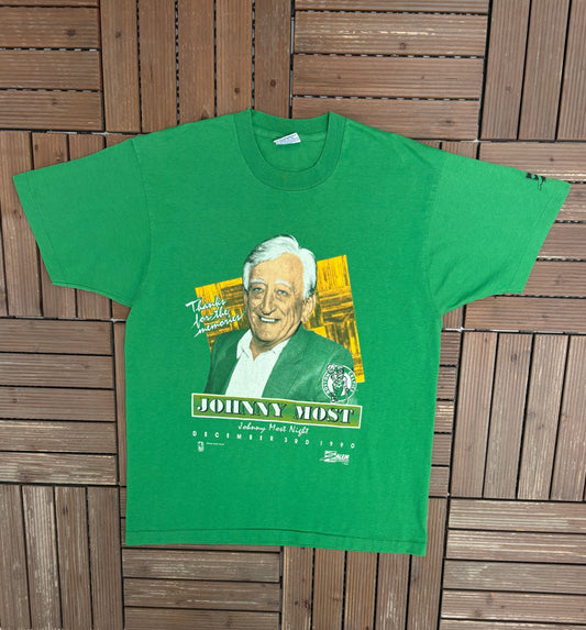 Boston Celtics Johnny Most Night Graphic Tee | Size X-Large | Vintage 1990s NBA Basketball Green T-Shirt |