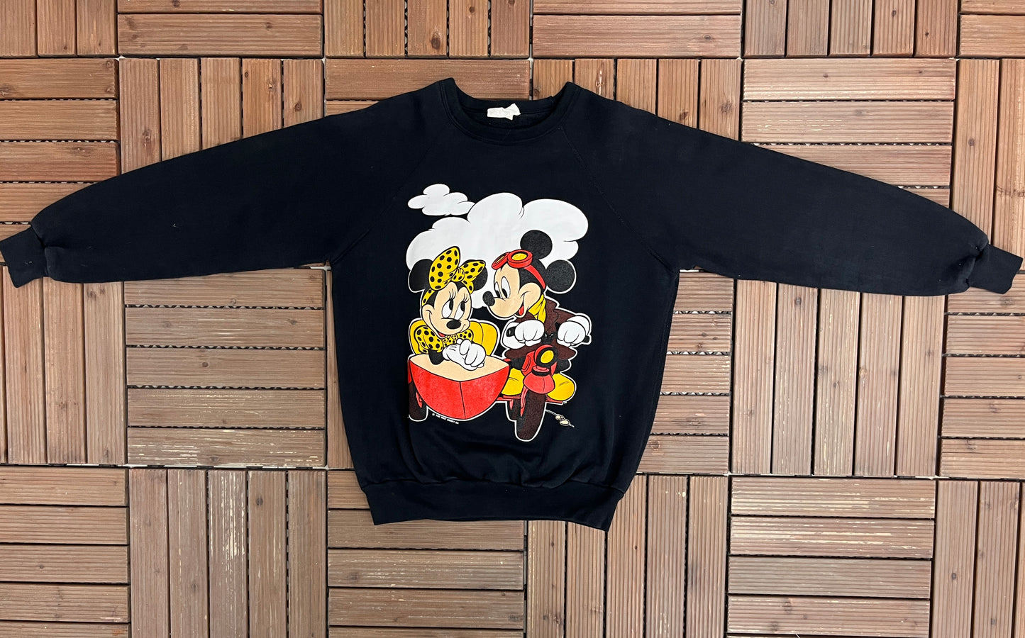 Mickey & Minnie Mouse Graphic Crewneck | Size Small | Vintage 1990s Promotional Cartoon Black Sweatshirt |