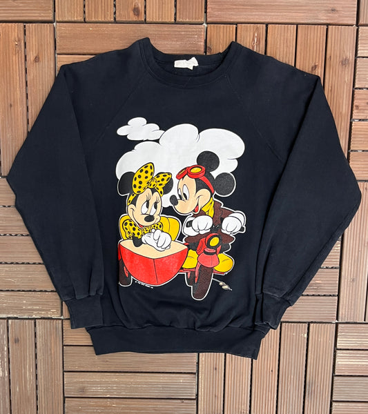 Mickey & Minnie Mouse Graphic Crewneck | Size Small | Vintage 1990s Promotional Cartoon Black Sweatshirt |