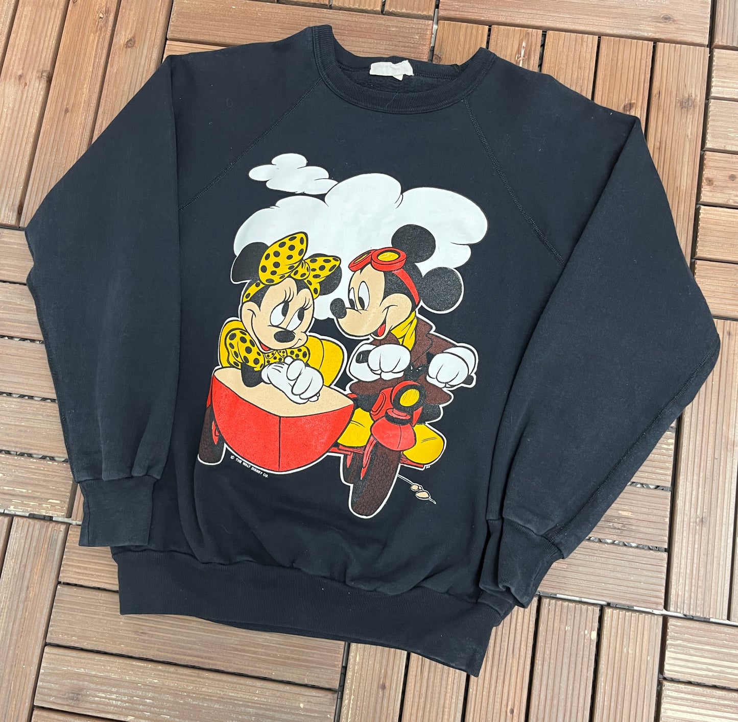 Mickey & Minnie Mouse Graphic Crewneck | Size Small | Vintage 1990s Promotional Cartoon Black Sweatshirt |