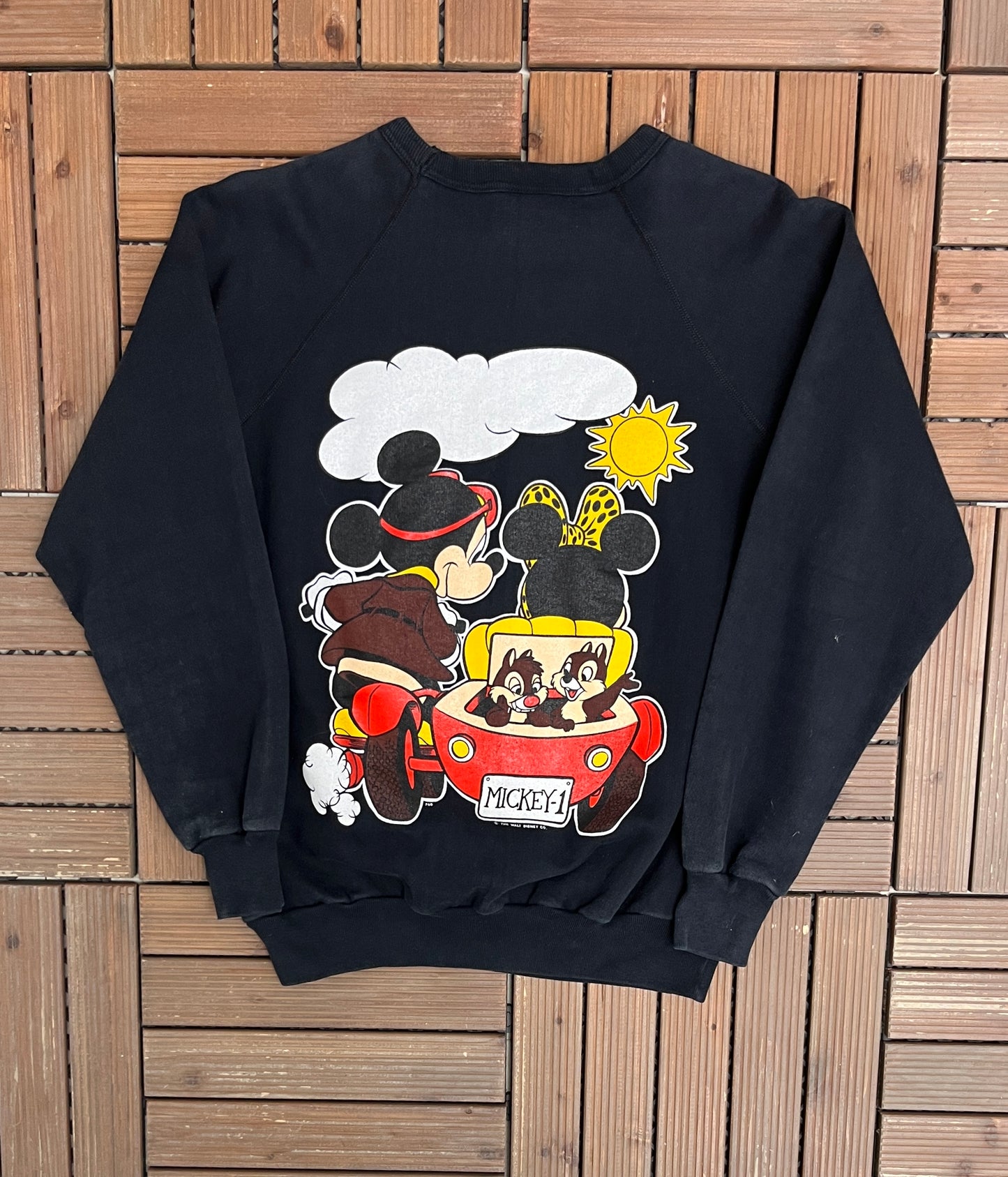 Mickey & Minnie Mouse Graphic Crewneck | Size Small | Vintage 1990s Promotional Cartoon Black Sweatshirt |