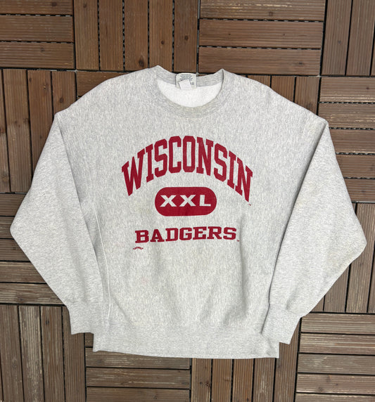 Wisconsin Badgers Graphic Crewneck | Size X-Large | Vintage 1990s College Sports Grey Sweater |