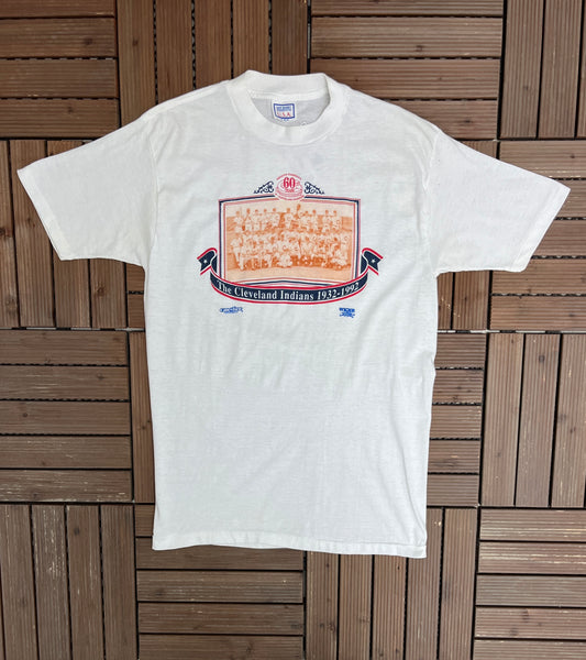 Cleveland Indians 60 Year Anniversary Graphic Tee | Size X-Large | Vintage 1990s MLB Baseball White T-Shirt |