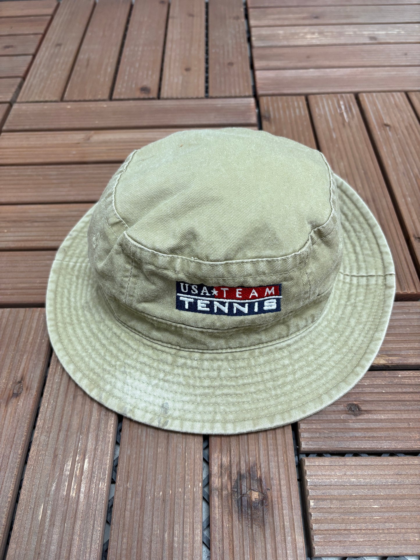 USA Tennis Embroidered Bucket Hat | Size S/M | Vintage 2000s Beige Bucket Hat |