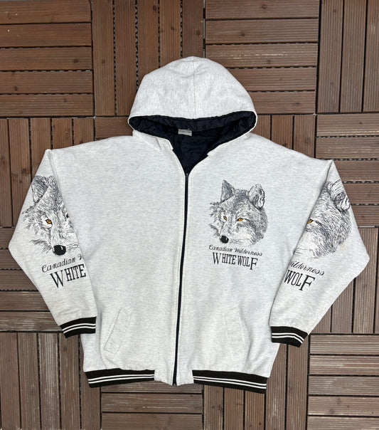 Canadian Wilderness White Wolf Graphic Hoodie | Size XX-Large | Vintage 1990s Animal Grey Sweater |