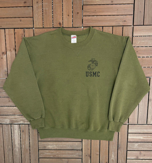 United States Marine Corps USMC Graphic Crewneck | Size Large | Vintage 1990s Promotional Green Sweater |