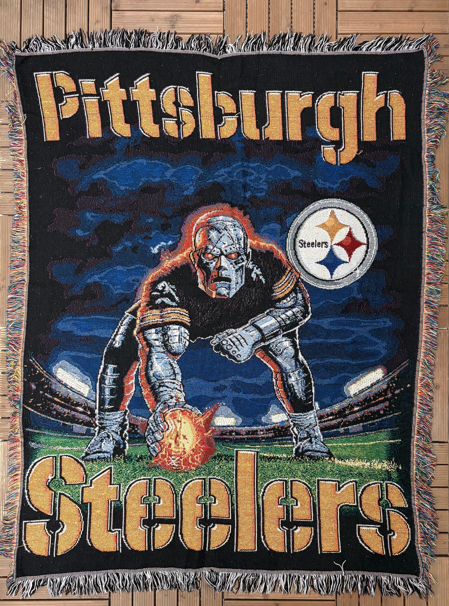 Pittsburgh Steelers Woven Throw Blanket | 54" x 42" | Vintage 1990s NFL Football Tapestry |