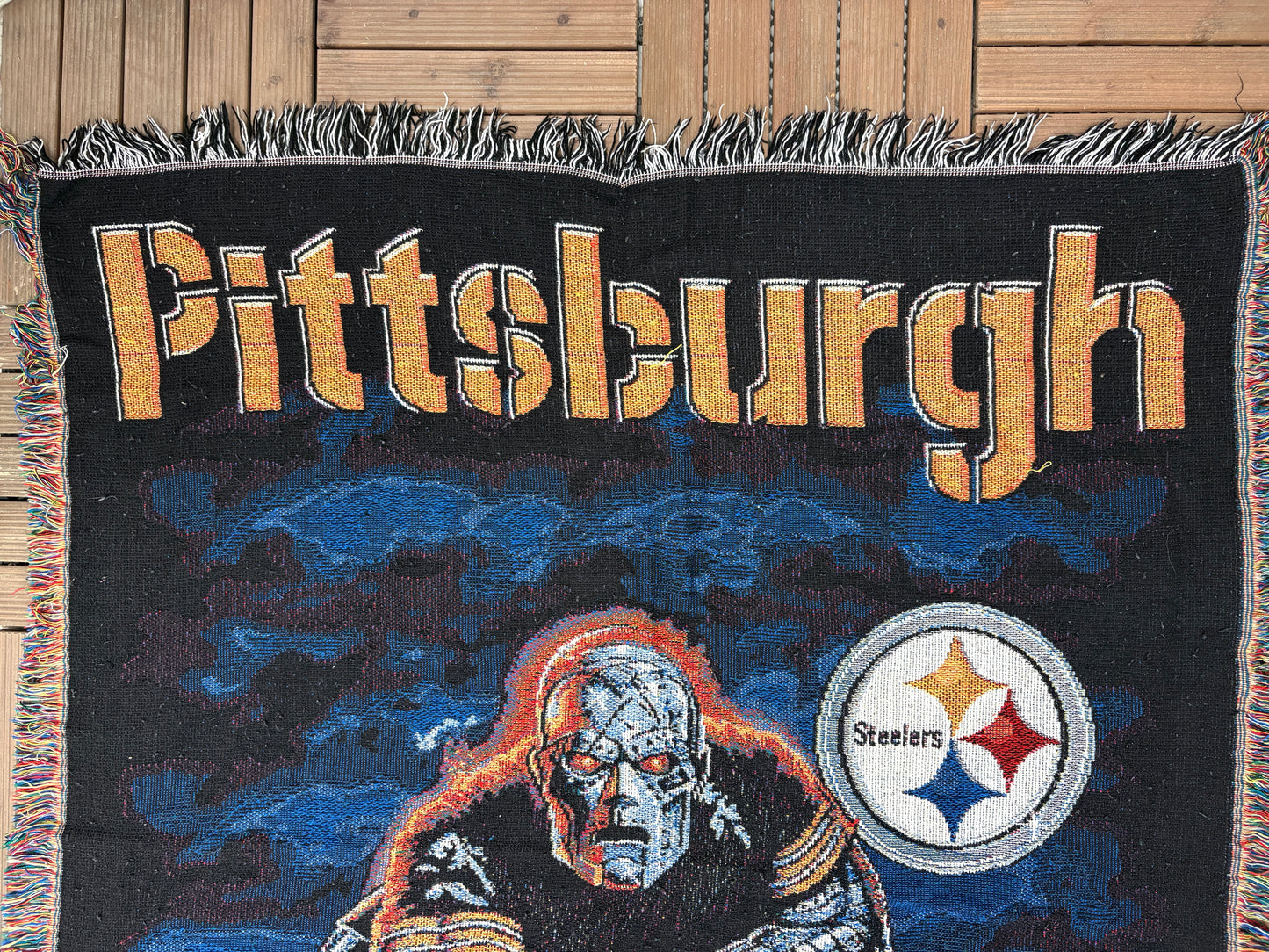 Pittsburgh Steelers Woven Throw Blanket | 54" x 42" | Vintage 1990s NFL Football Tapestry |