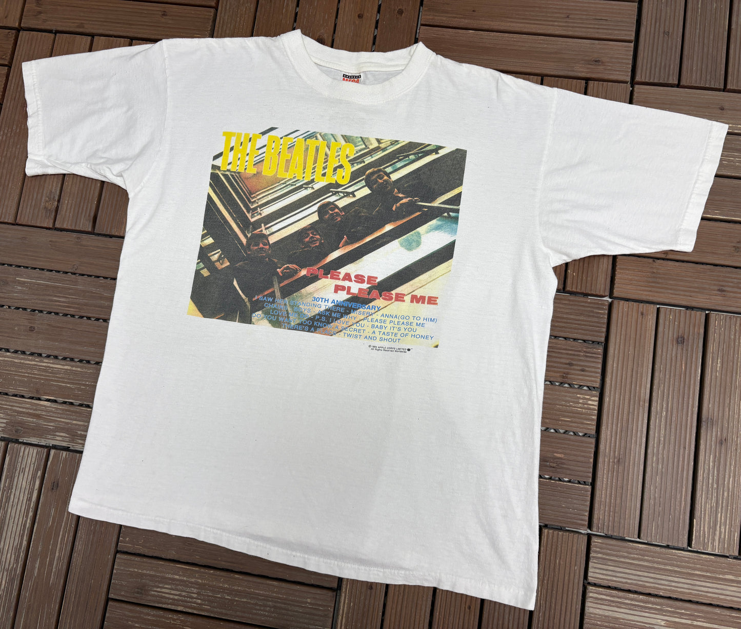 The Beatles Please Please Me Graphic Tee | Size X-Large | Vintage 1990s Rock Band Music White T-Shirt |