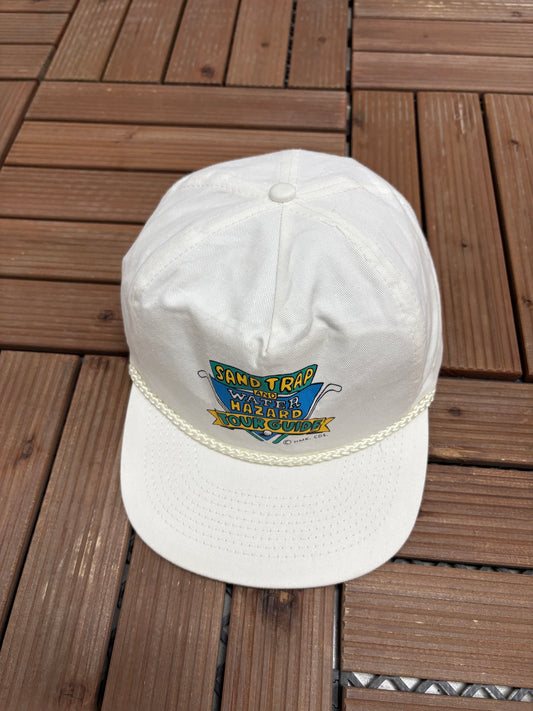 Sand Trap & Water Hazard Tour Guide Graphic Hat | Snap Back | Vintage 1990s Golf White Cap |