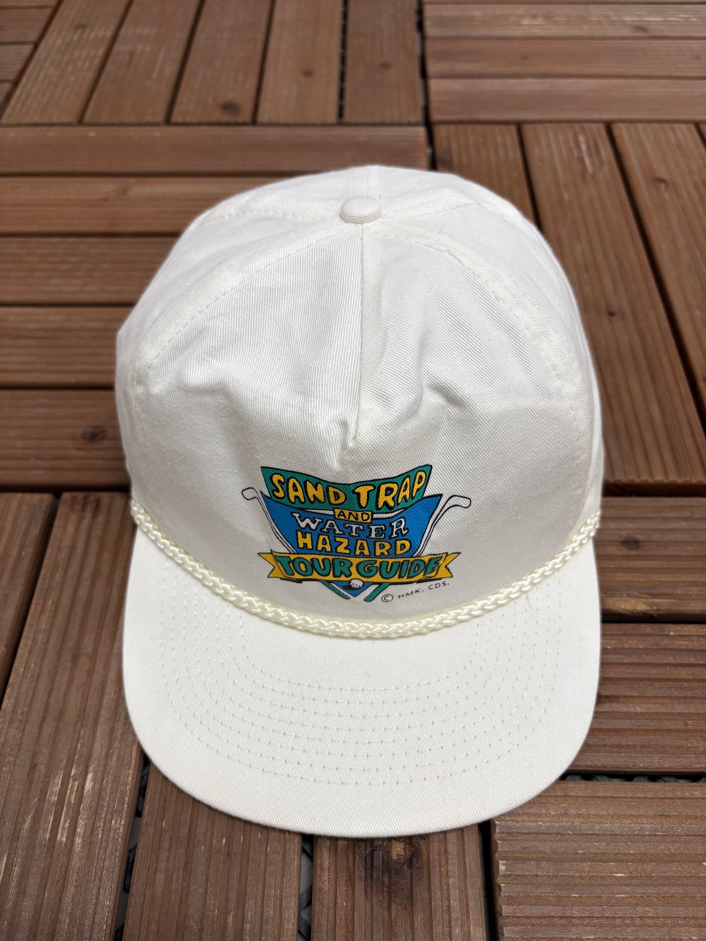 Sand Trap & Water Hazard Tour Guide Graphic Hat | Snap Back | Vintage 1990s Golf White Cap |