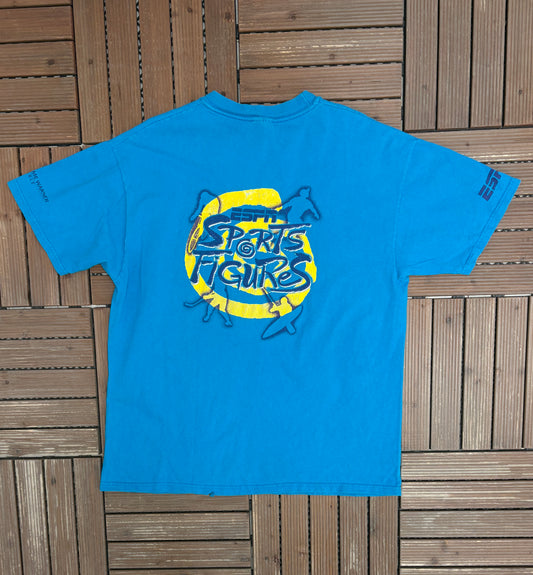 ESPN Sports Figures Graphic Tee | Size X-Large | Vintage 2000s Sports Television Blue T-Shirt |