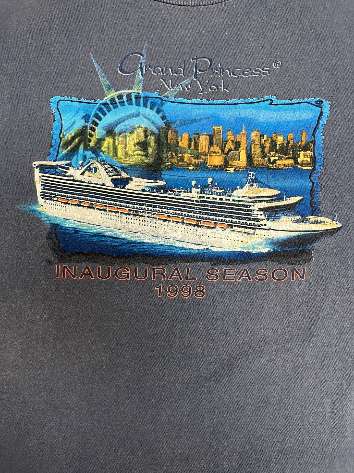 Grand Princess Cruises Inaugural Season 1998 Graphic Tee | Size Large | Vintage 1990s Promotional Blue T-Shirt |