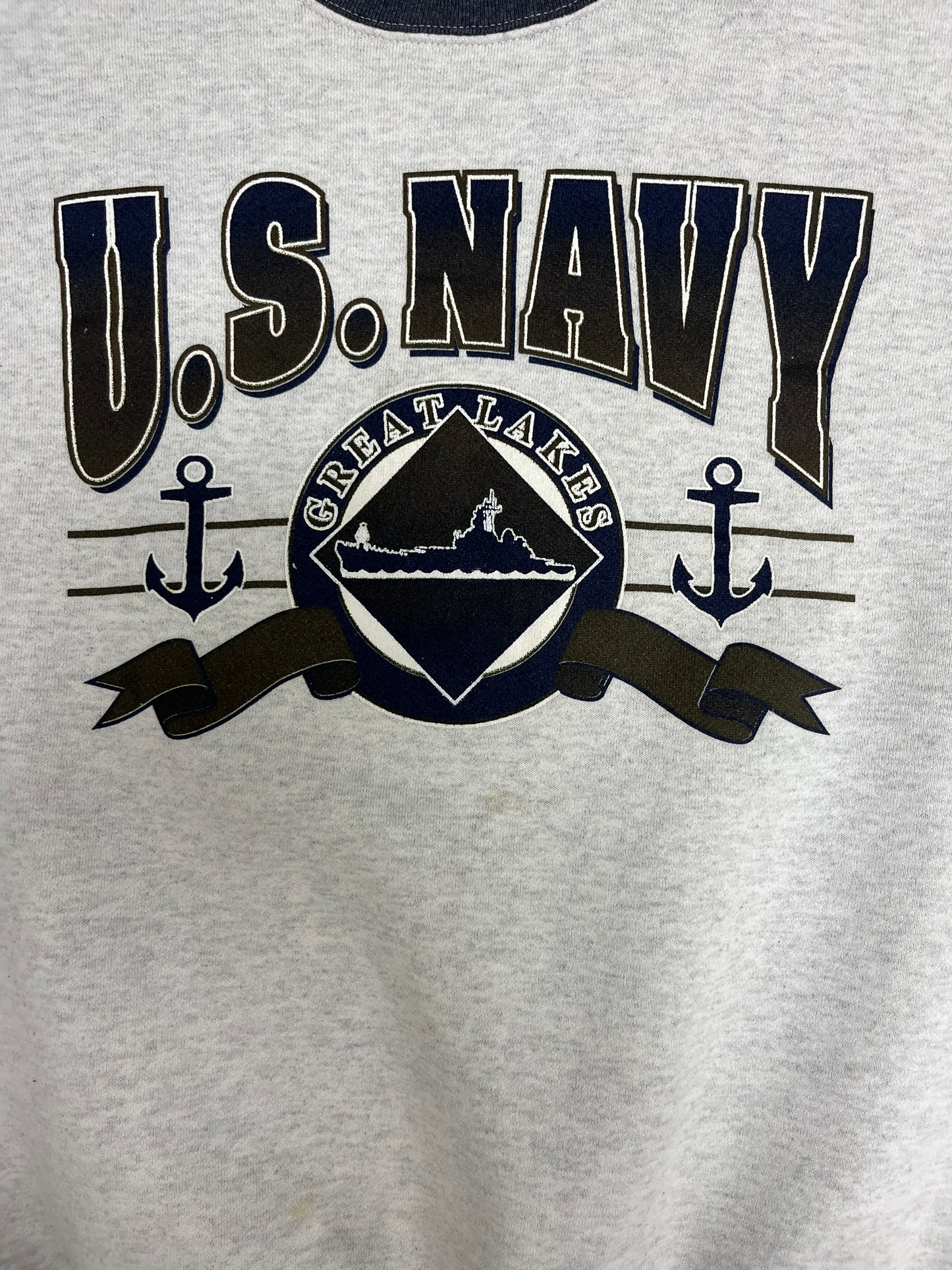 U.S. Navy Great Lakes Graphic Crewneck | Size Large | Vintage 1990s Made in USA Grey Sweater |