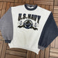 U.S. Navy Great Lakes Graphic Crewneck | Size Large | Vintage 1990s Made in USA Grey Sweater |