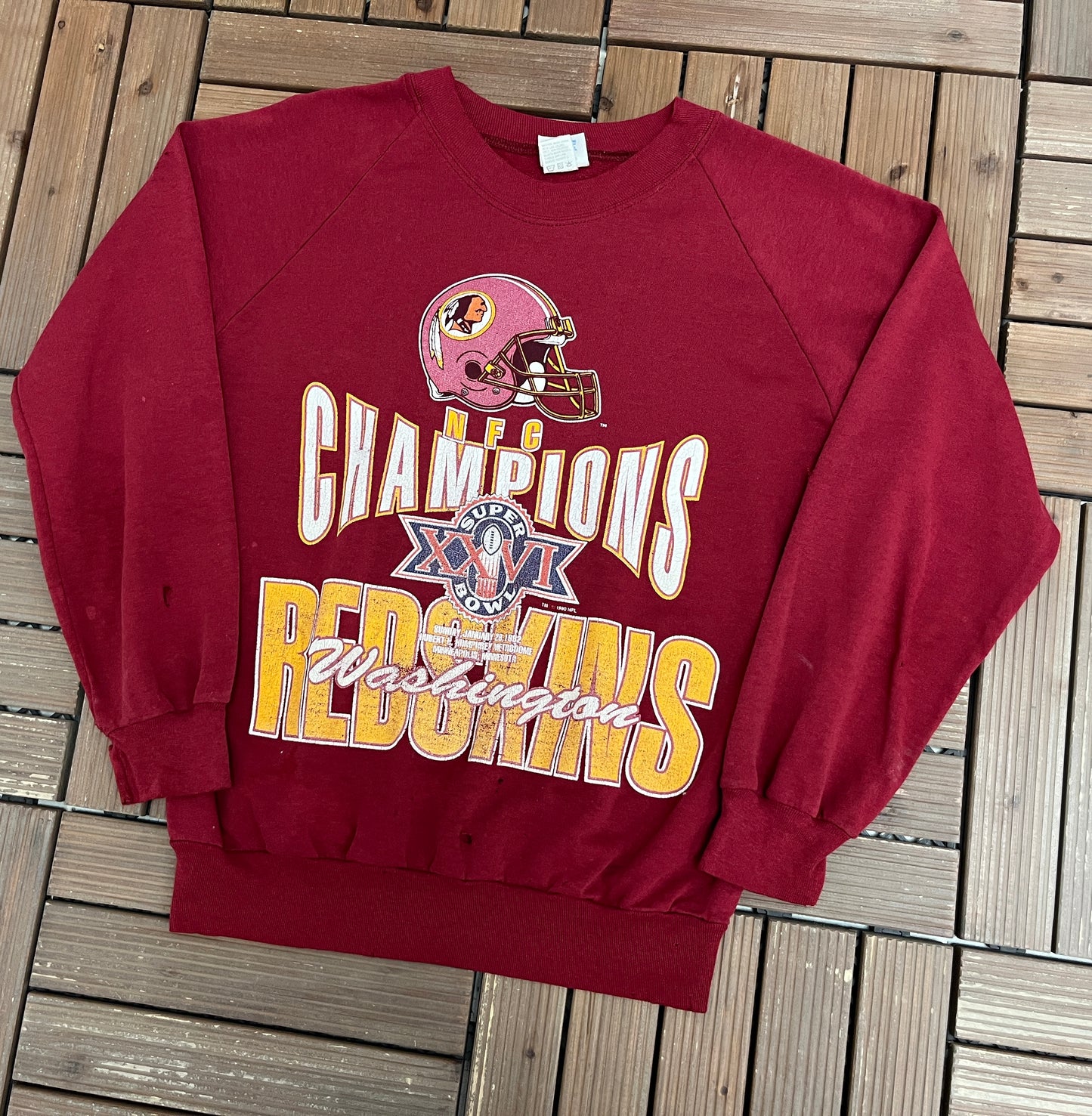 Washington Redskins Super Bowl XXVI Graphic Crewneck | Size Medium | Vintage 1990s NFL Football Red Sweater |