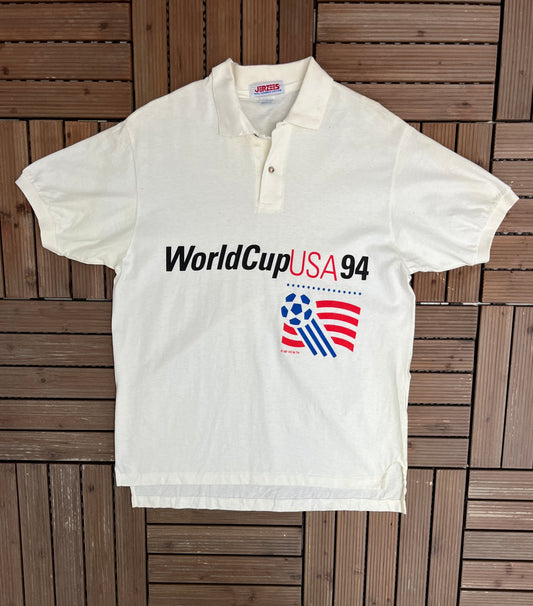 World Cup USA 1994 Graphic Tee | Size Large | Vintage 1990s Soccer Football White T-Shirt |