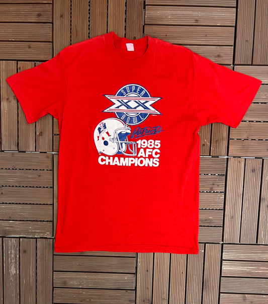 New England Patriots 1985 AFC Champions Graphic Tee | Size X-Large | Vintage 1980s NFL Football Red T-Shirt |