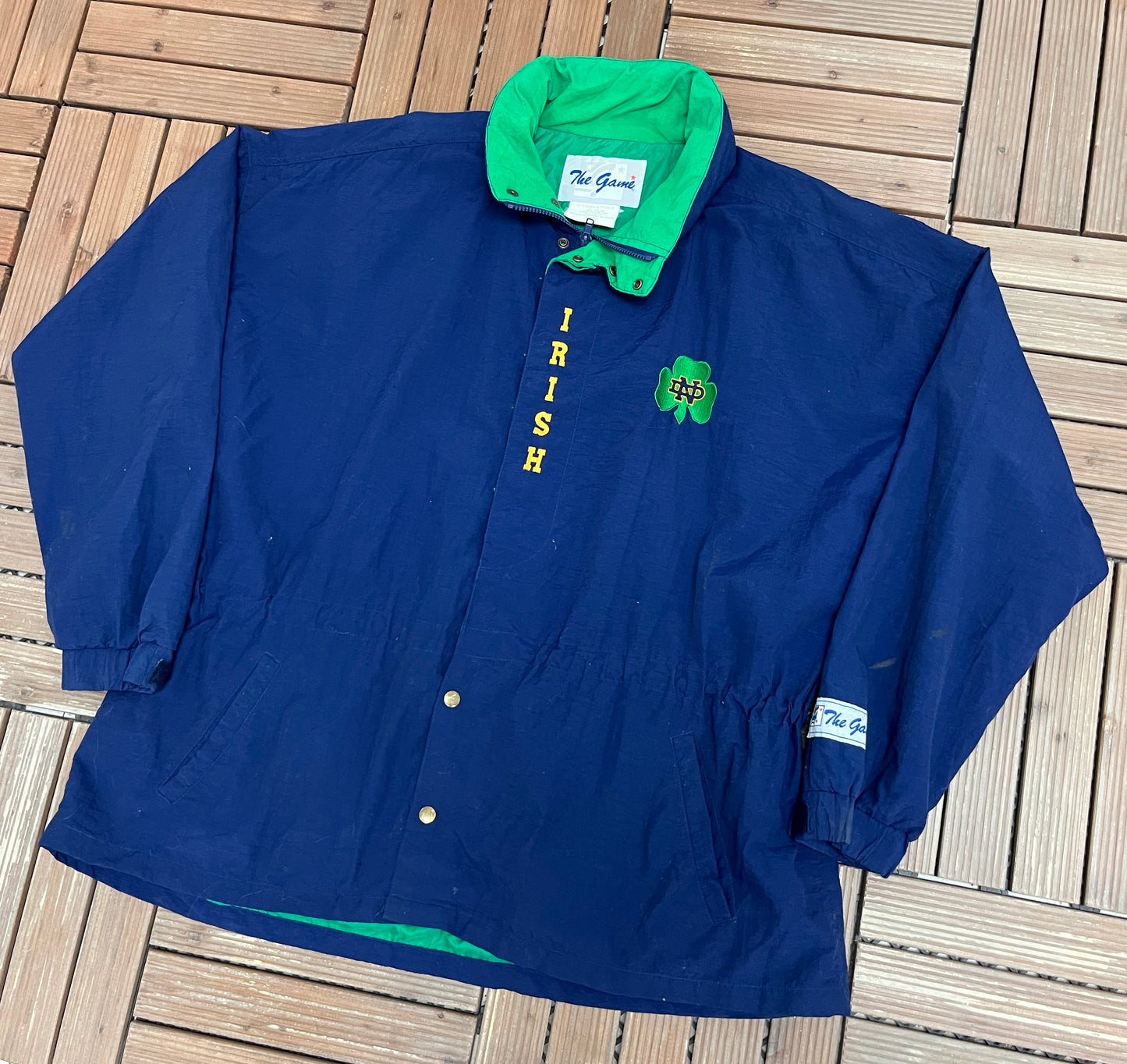 Notre Dame Fighting Irish Graphic Jacket | Size Large | Vintage 1990s College Blue Jacket |