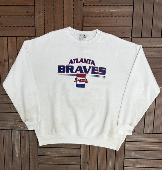 Atlanta Braves Graphic Crewneck | Size XX-Large | Vintage 2000s MLB Baseball White Sweater |