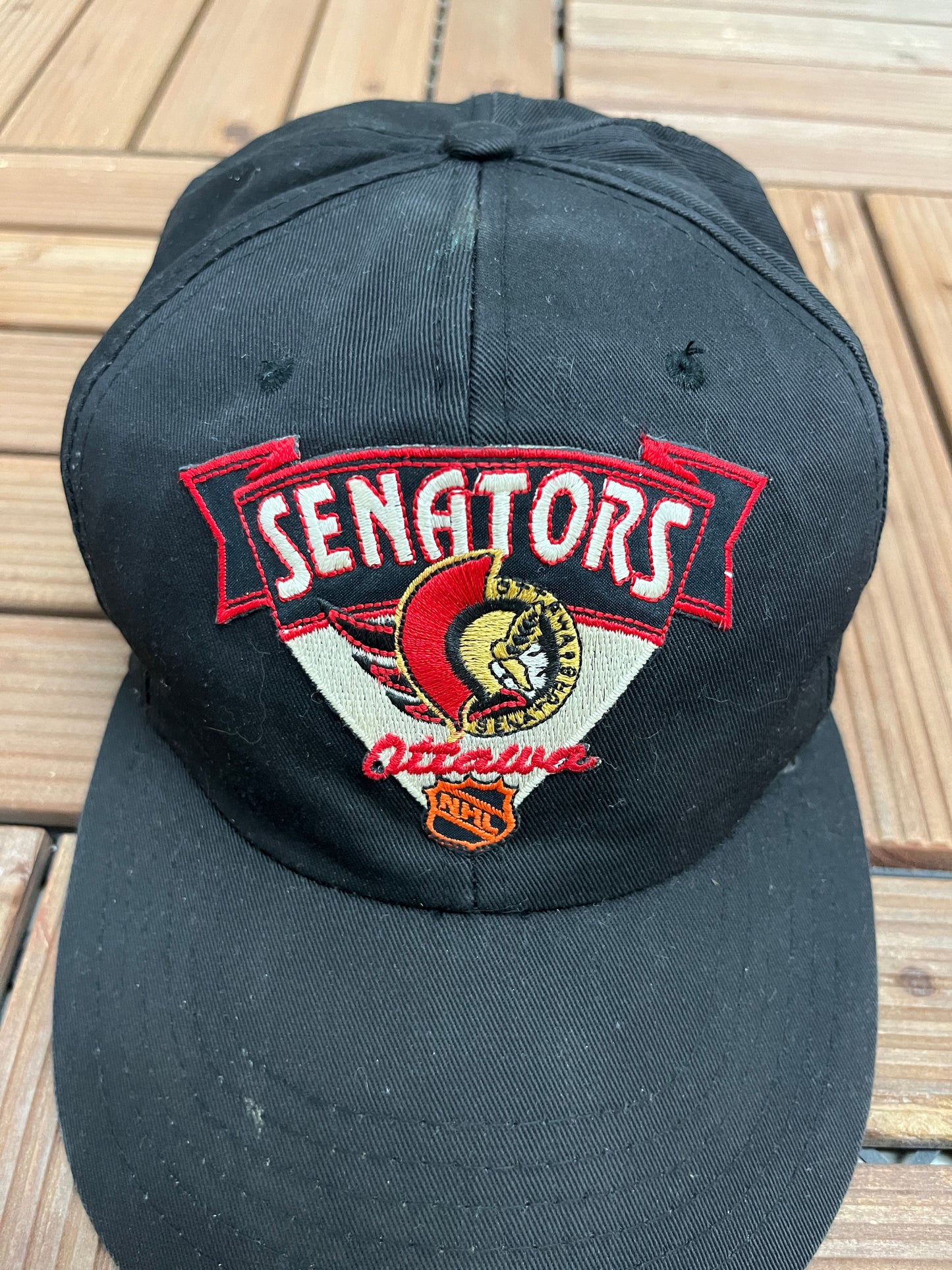 Ottawa Senators Embroidered Graphic Hat | Snap Back | Vintage 1990s NHL Hockey Black Cap |