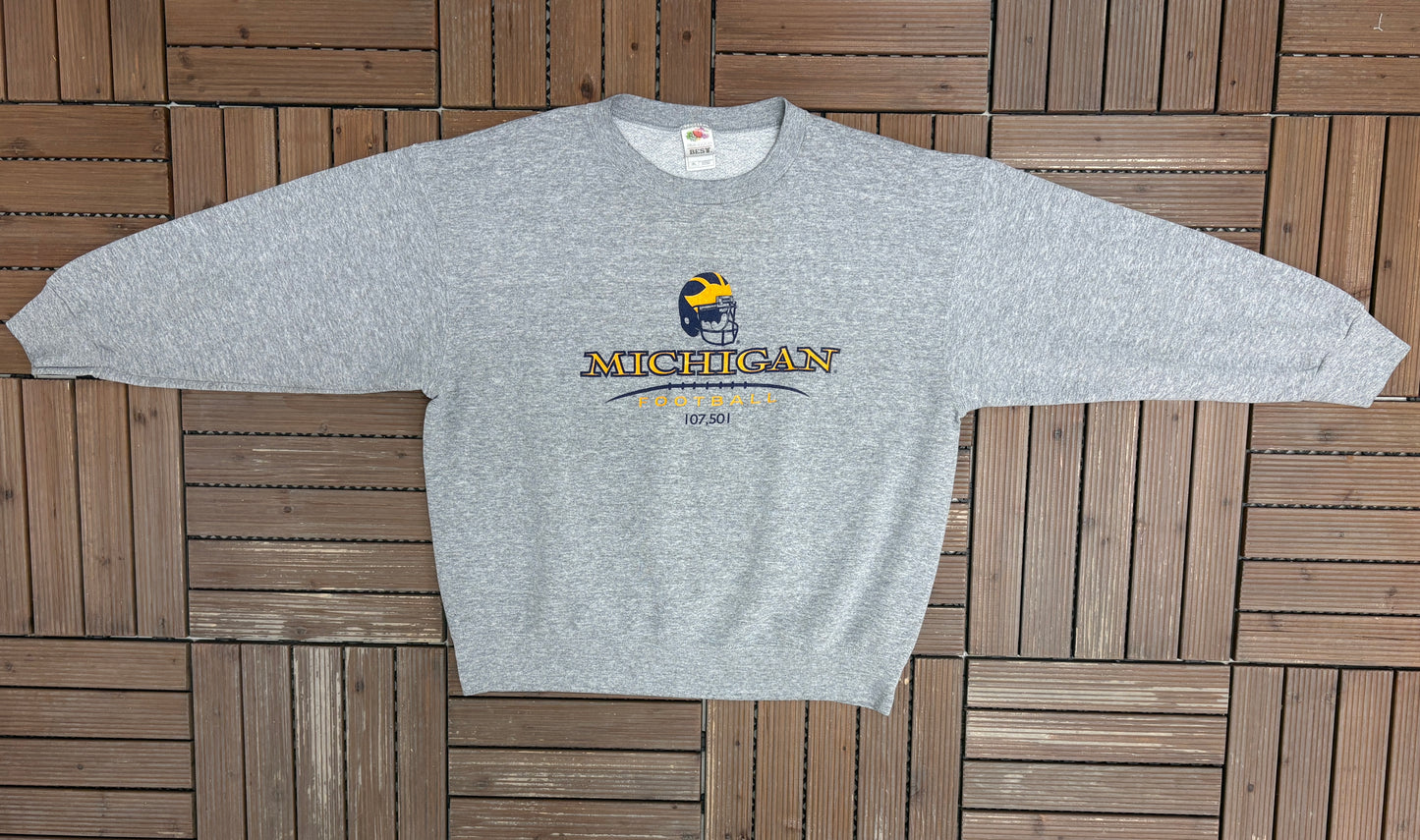 Michigan Wolverines Football 107,501 Graphic Crewneck | Size XX-Large | Vintage 1990s College Grey Crewneck |