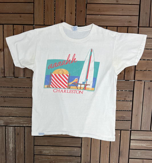 Charleston Aaaahh Graphic Tee | Size Large | Vintage 1990s Tourist Made in USA White T-Shirt |