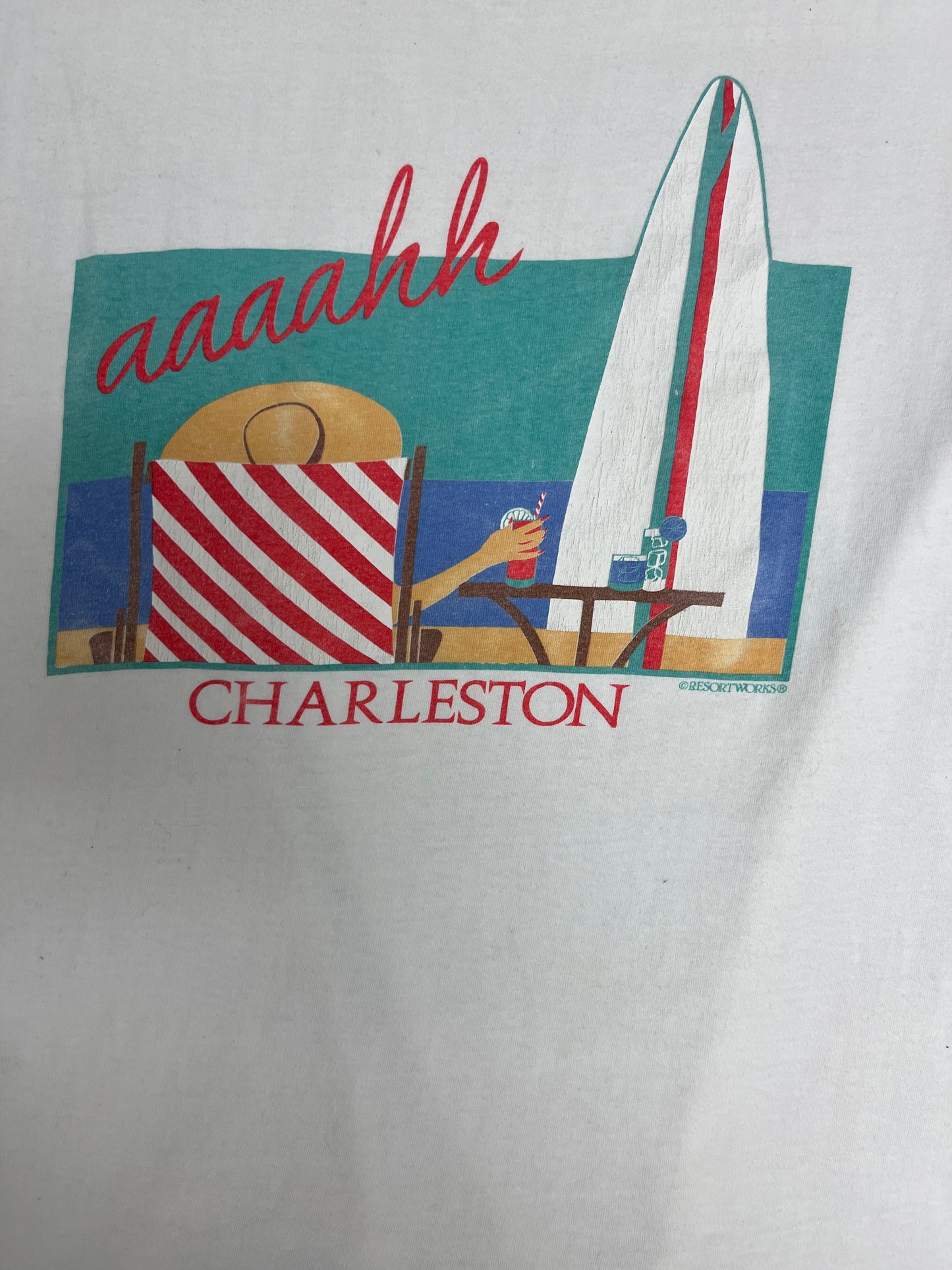 Charleston Aaaahh Graphic Tee | Size Large | Vintage 1990s Tourist Made in USA White T-Shirt |