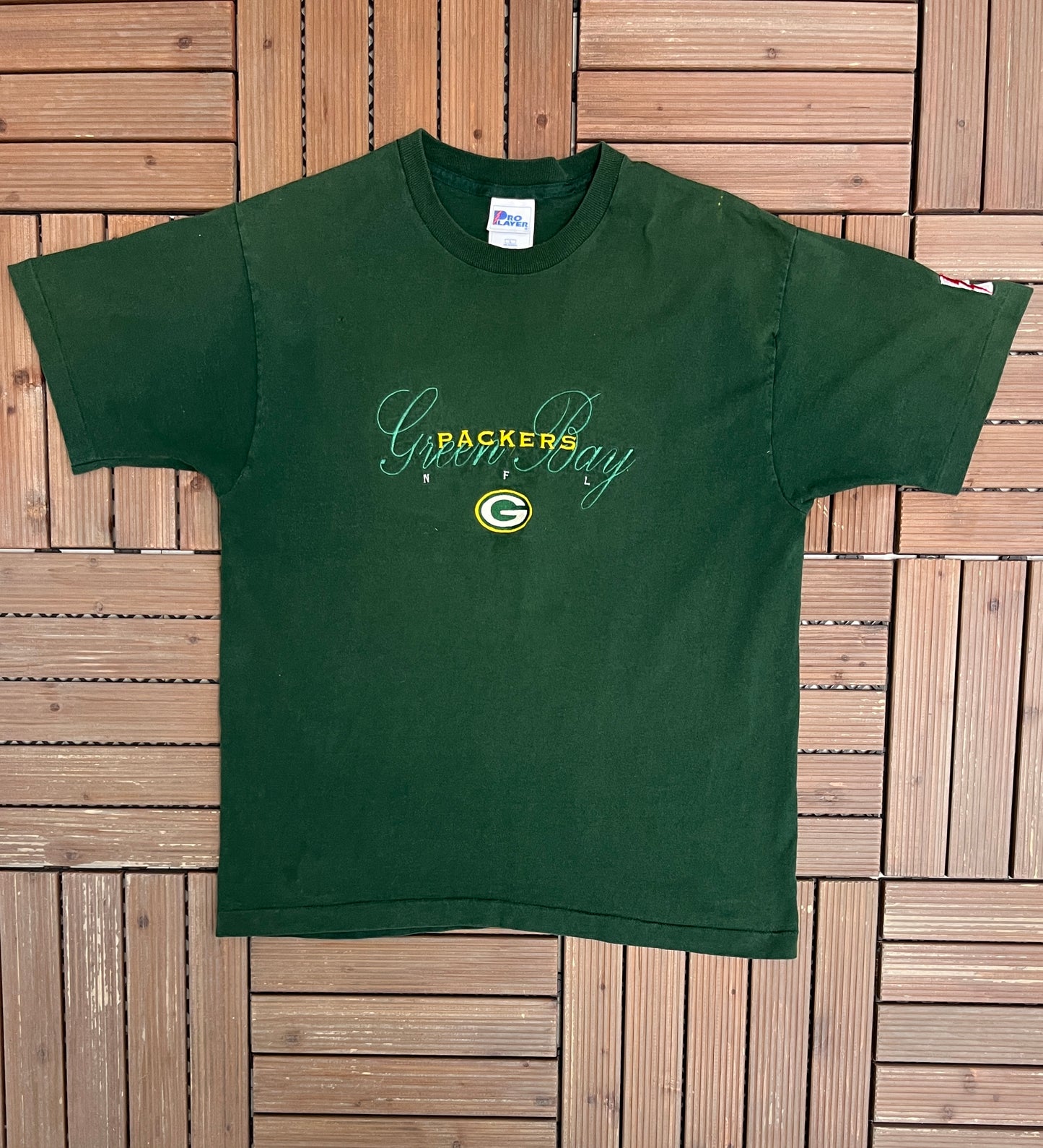 Green Bay Packers Embroidered Graphic Tee | Size Large | Vintage 1990s NFL Football Single Stitch Green T-Shirt |