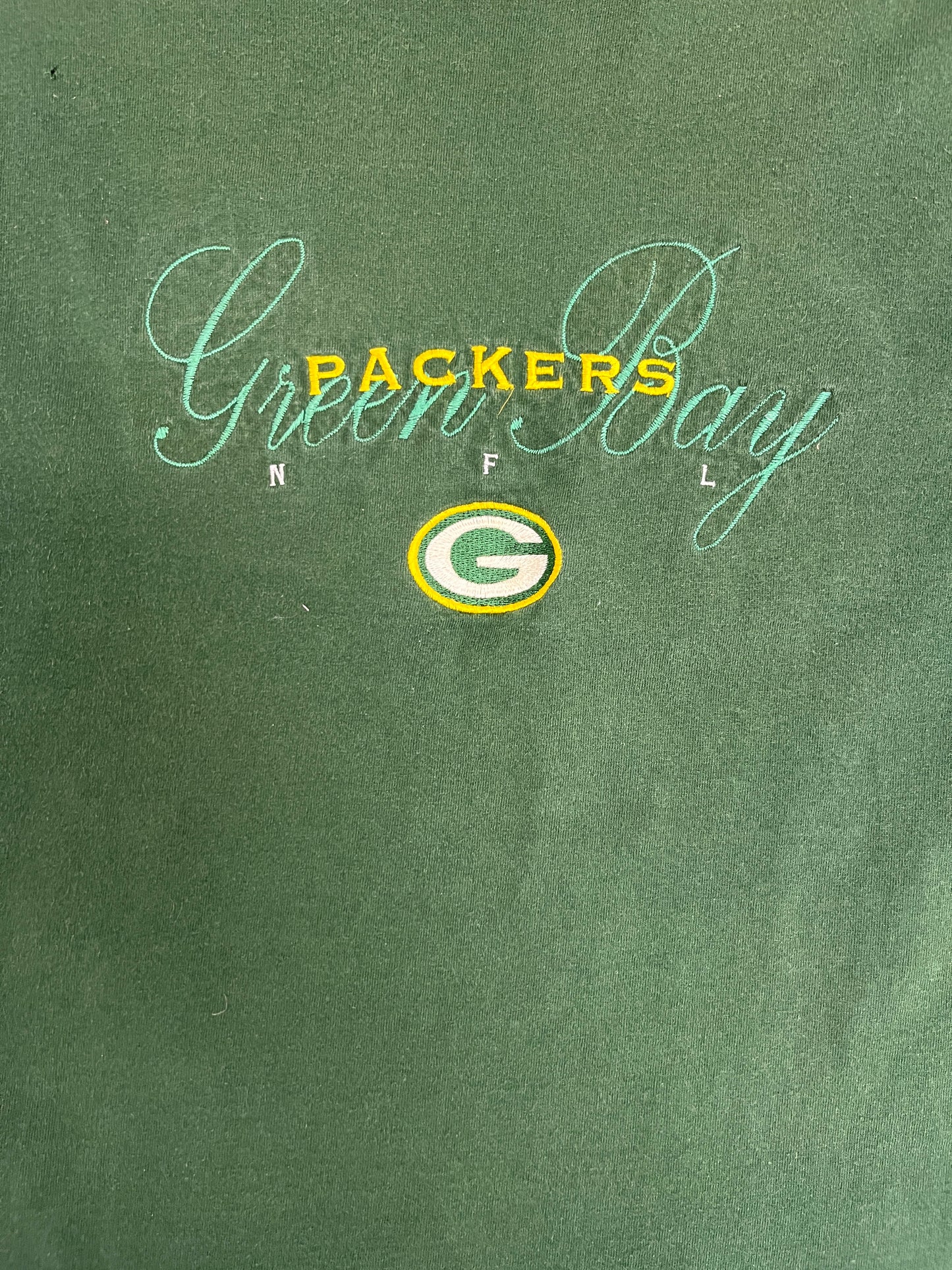 Green Bay Packers Embroidered Graphic Tee | Size Large | Vintage 1990s NFL Football Single Stitch Green T-Shirt |