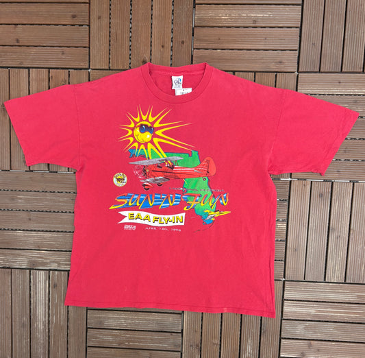 EAA Fly-In Sun N' Fun Graphic Tee | Size X-Large | Vintage 1990s Promotional Red T-Shirt |