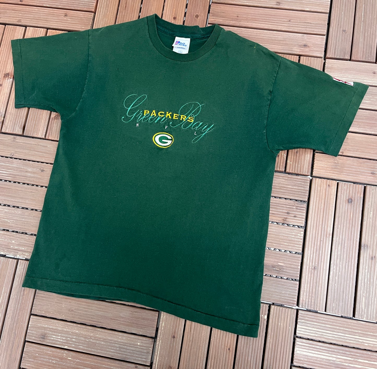 Green Bay Packers Embroidered Graphic Tee | Size Large | Vintage 1990s NFL Football Single Stitch Green T-Shirt |