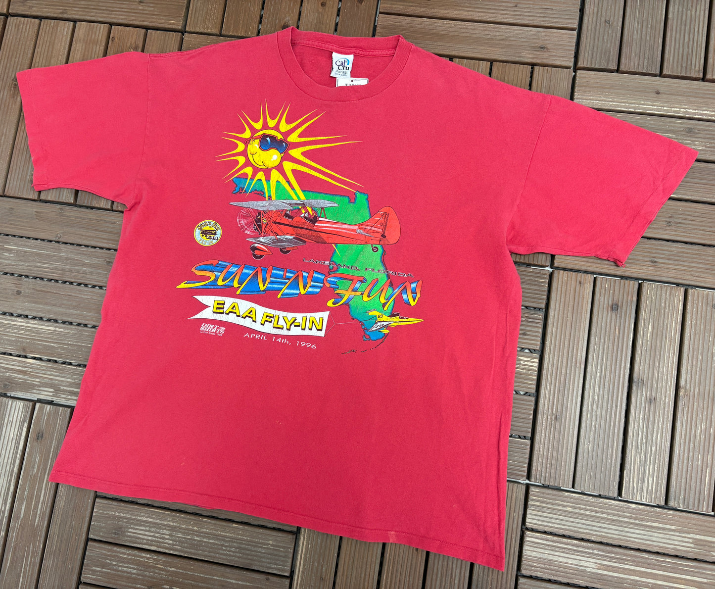EAA Fly-In Sun N' Fun Graphic Tee | Size X-Large | Vintage 1990s Promotional Red T-Shirt |