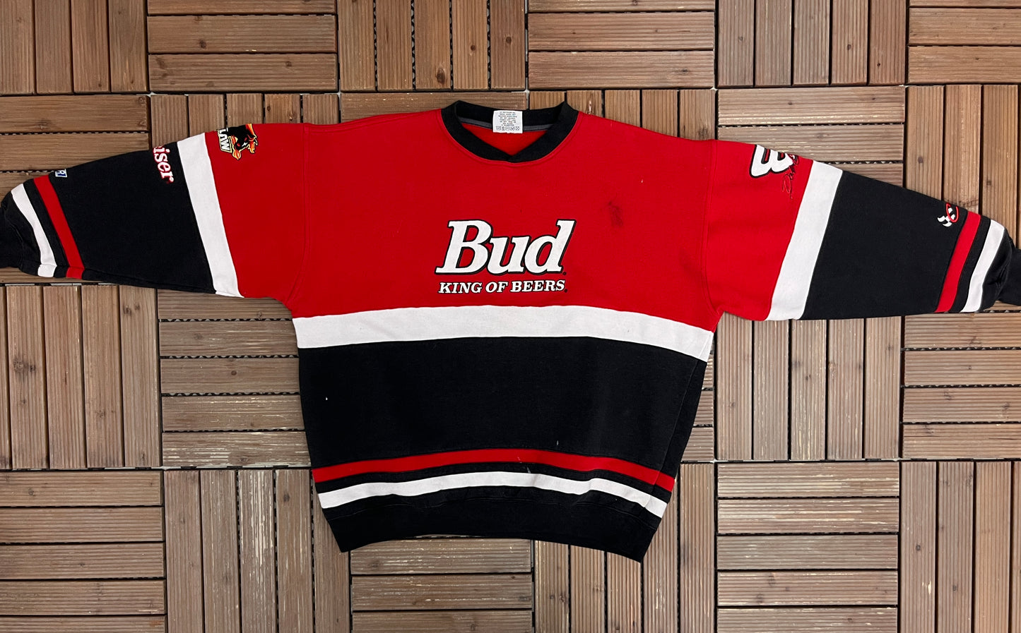 Bud King Of Beers NASCAR Graphic Crewneck | Size X-Large | Vintage 2000s NASCAR Racing Red Sweater |