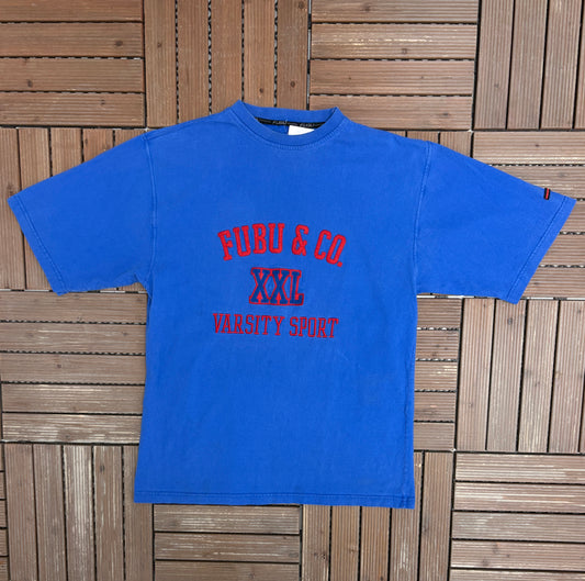 FUBU & Co Varsity Sport Stitched Graphic Tee | Size Large | Vintage 2000s Branded Promotional Blue T-Shirt |