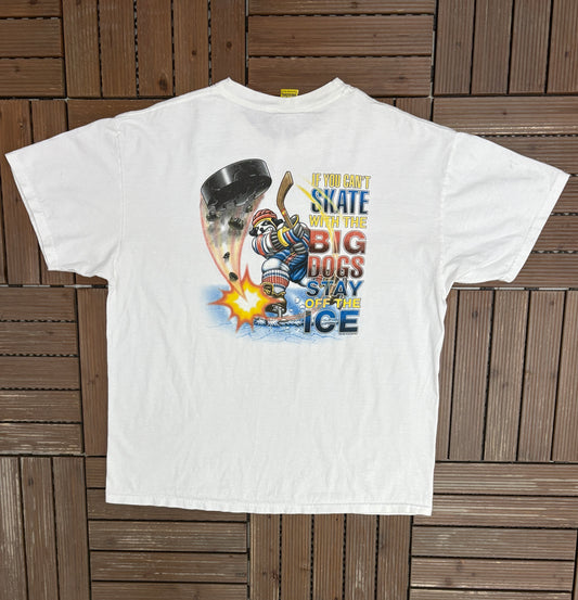 Big Dogs Stay Off The Ice Graphic Tee | Size X-Large | Vintage 2000s Cartoon Dog White T-Shirt |