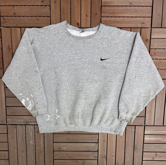 Nike Small Swoosh Embroidered Graphic Crewneck | Size X-Large | Vintage 1990s Made in USA Nike Branded Grey Sweater |